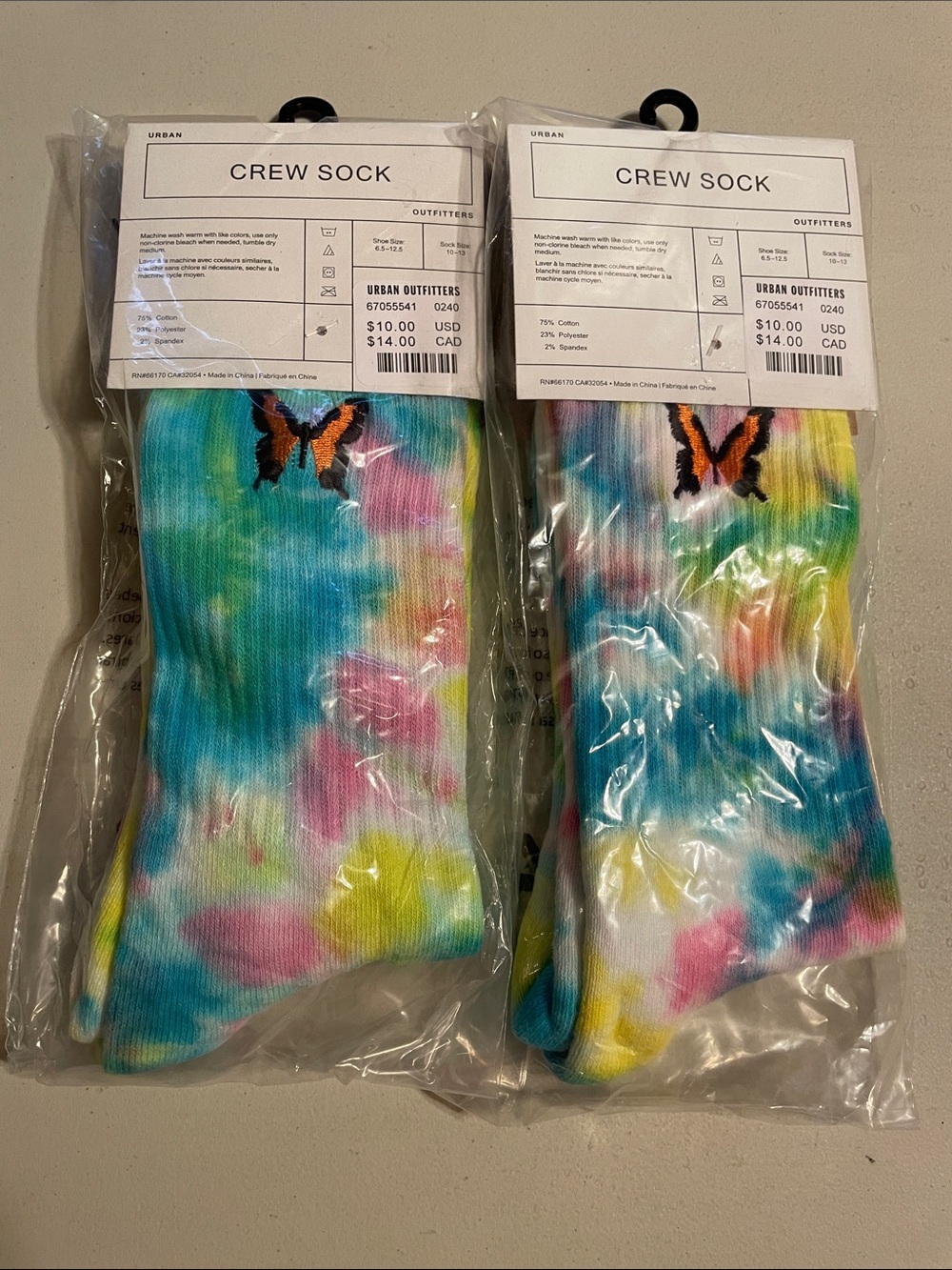 Urban Outfitters Tie-Dye Crew Socks with Butterfly Accent - Multicolor NWT x2